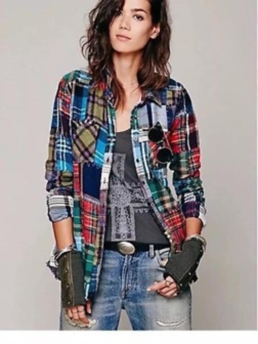 We The Free People Lost In Plaid Patchwork Flannel Shirt Bohobocentric Sz M